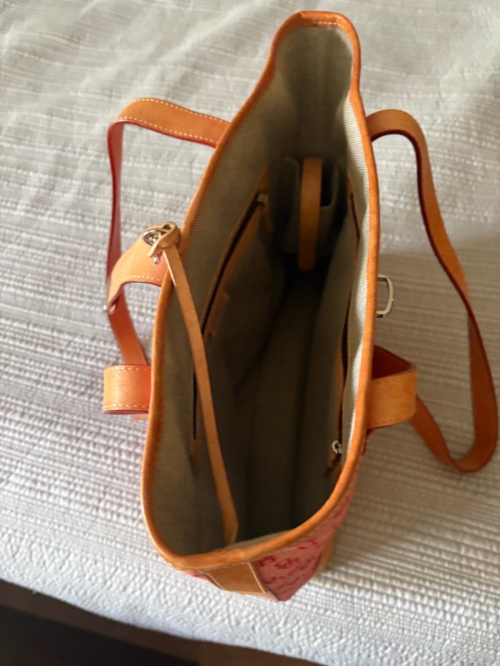 Dooney & Bourke Red Signature Canvas Tote with Tan Leather Trim - Picture 2 of 3